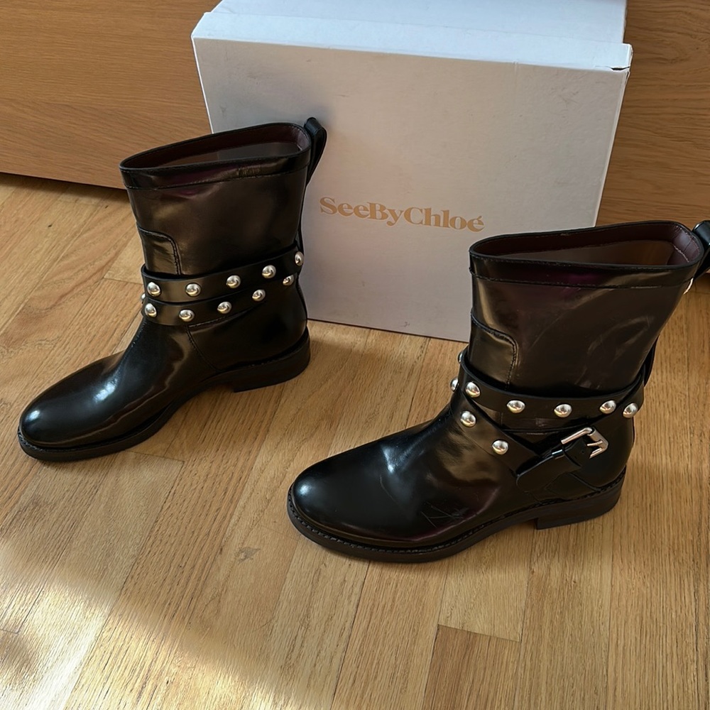 SeeByChloe leather NIB booties, patent leather, studs